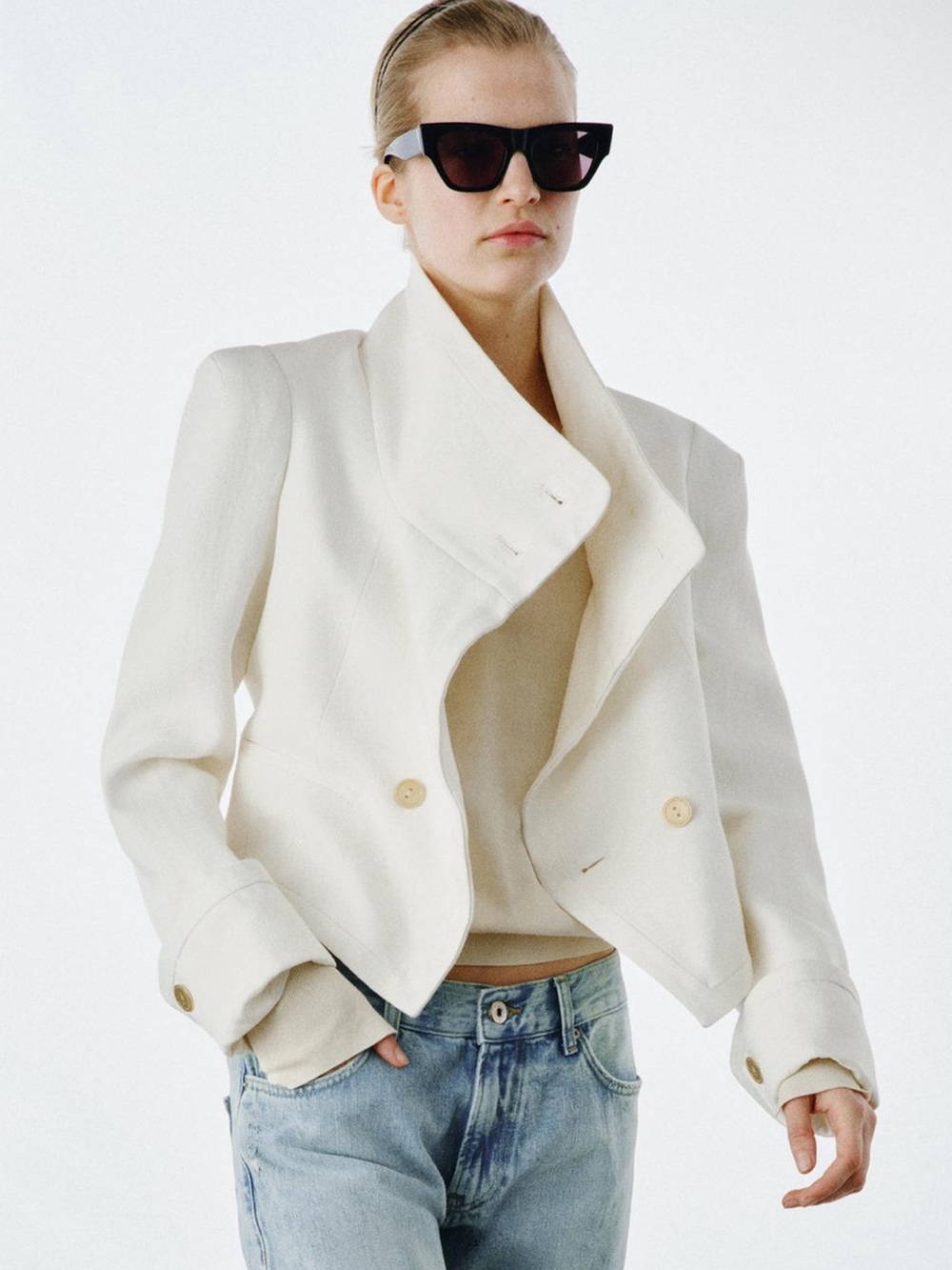 Zara Off-White Double-Breasted Sculpted Collar Jacket